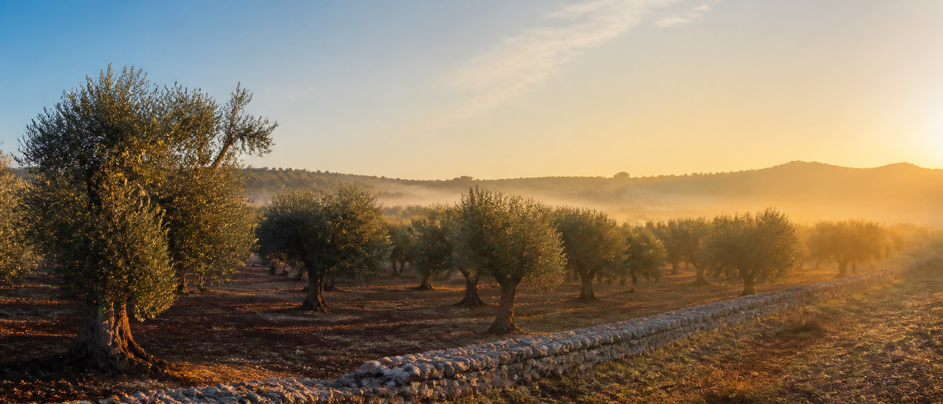 Oliveto di Casa Aurelia illuminato dalla luce dell’alba